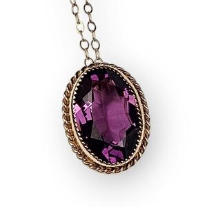 Vintage Purple Glass Pendant Necklace Gold Filled Cable Chain Oval Cut Carla 18"